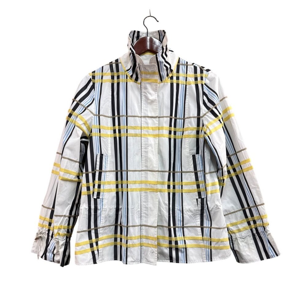 Abbie Mags Womens Plaid Rain Jacket  White Yellow & Blue Stripes